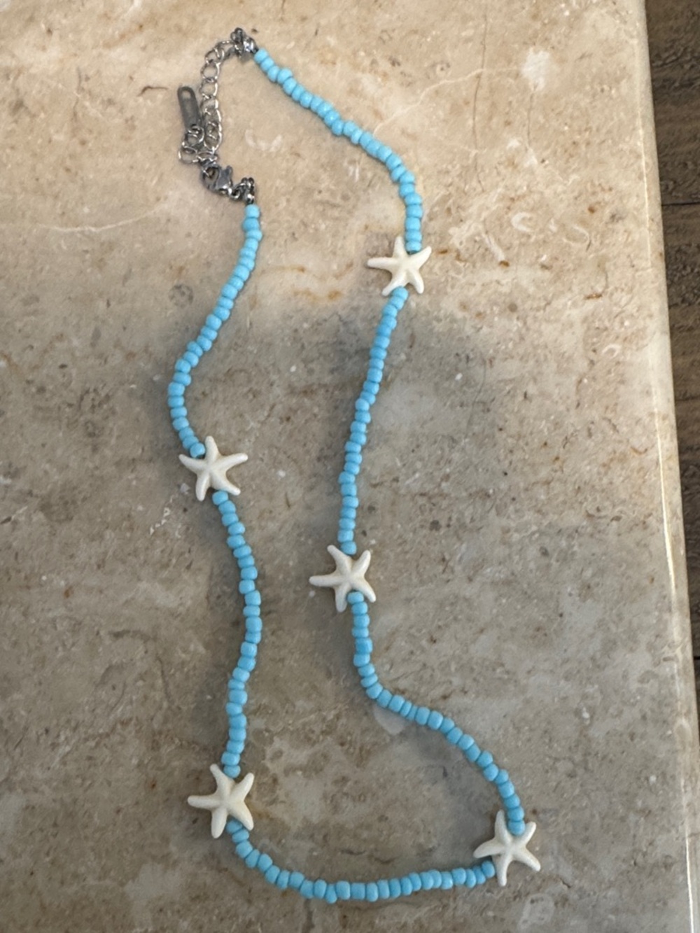 Free People Sky Blue Seed Bead Necklace with White Starfish